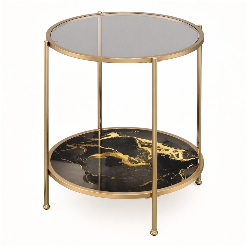 Bowery Hill Round Metal End Table with Black Marble in Gold Finish