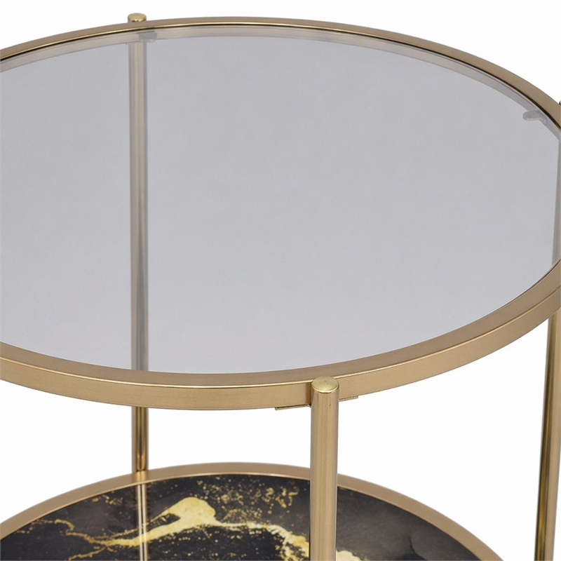 Bowery Hill Round Metal End Table with Black Marble in Gold Finish
