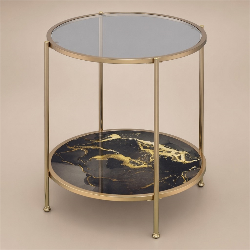 Bowery Hill Round Metal End Table with Black Marble in Gold Finish