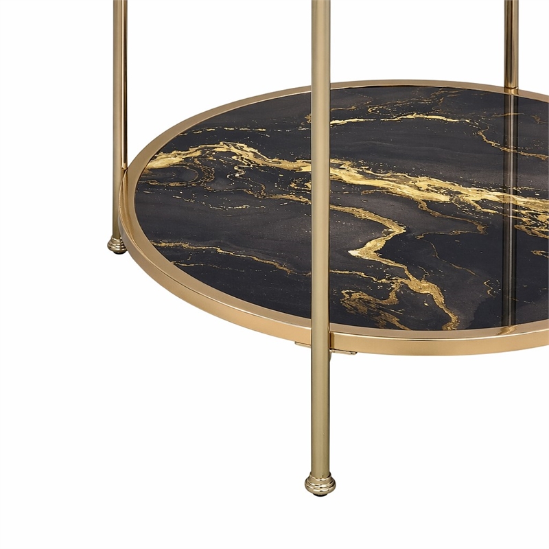 Bowery Hill Round Metal End Table with Black Marble in Gold Finish