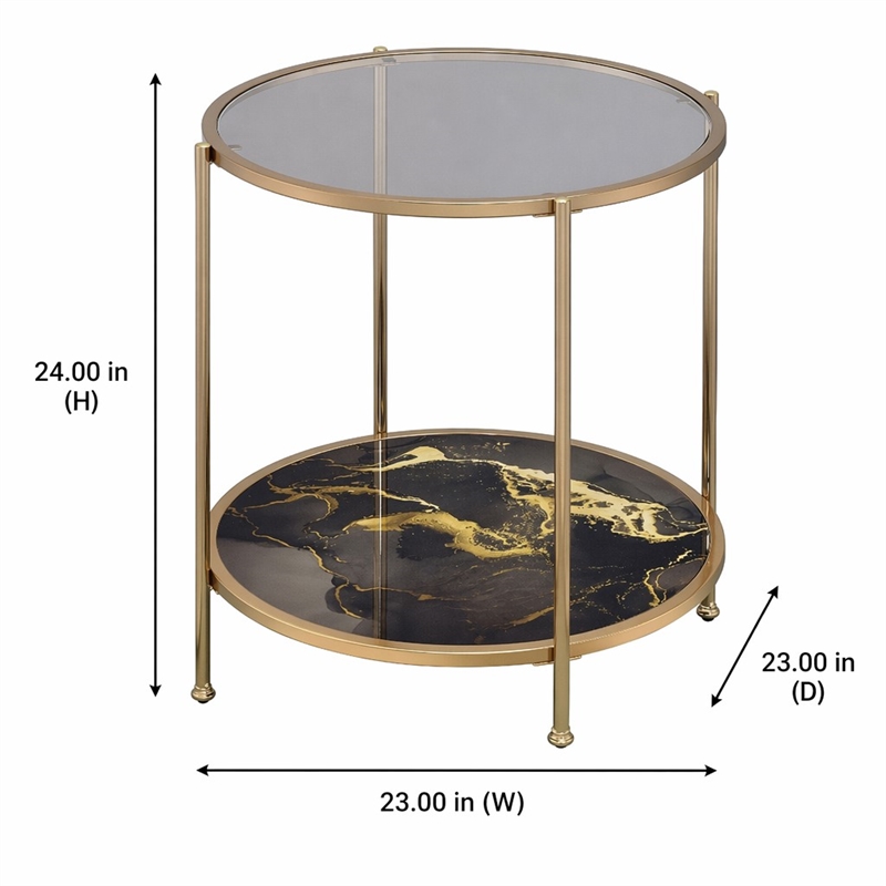 Bowery Hill Round Metal End Table with Black Marble in Gold Finish