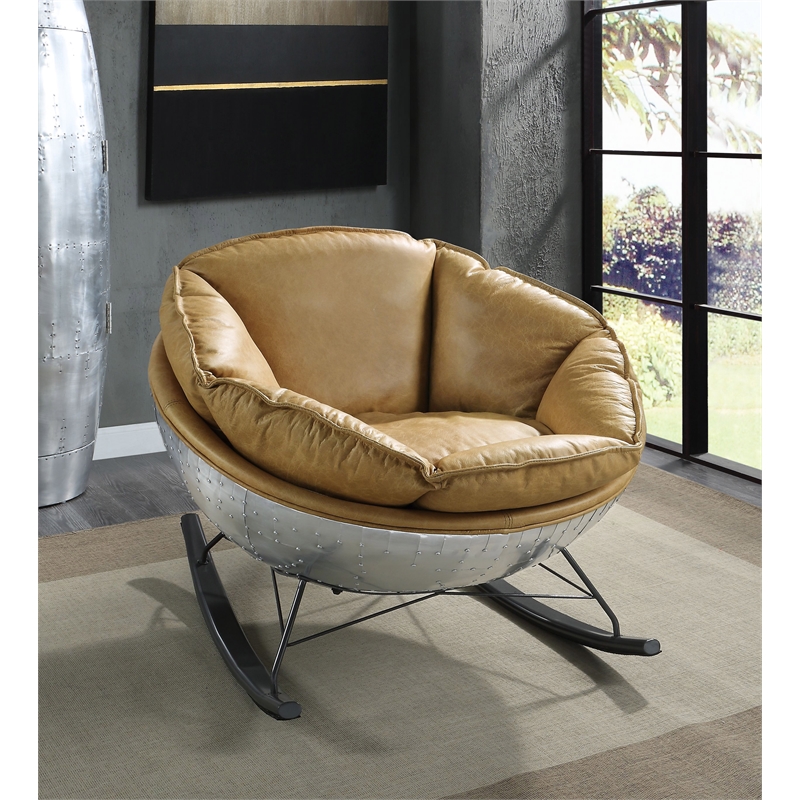 Bowery Hill Modern Rocking Chair with Morocco Brown Leather and Aluminum
