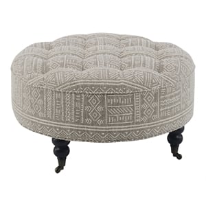 Bowery Hill Button Tufted Ottoman with Casters in Gray Pattern Upholstery