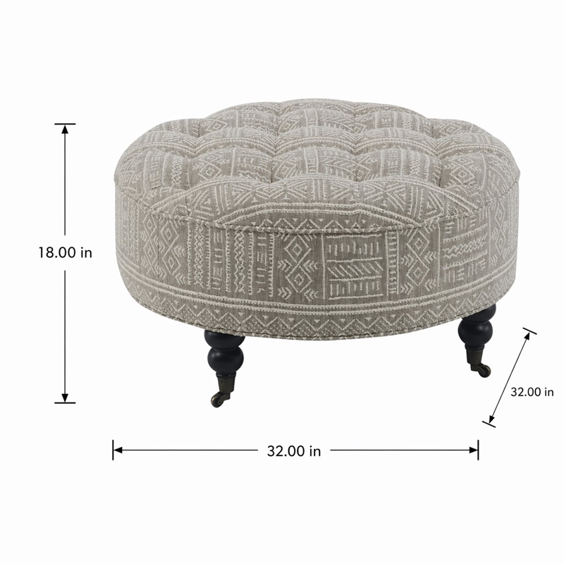 Bowery Hill Button Tufted Ottoman with Casters in Gray Pattern Upholstery