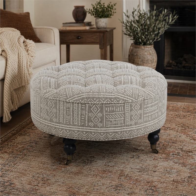 Bowery Hill Button Tufted Ottoman with Casters in Gray Pattern Upholstery