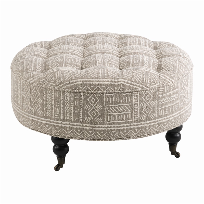 Bowery Hill Button Tufted Ottoman with Casters in Gray Pattern Upholstery
