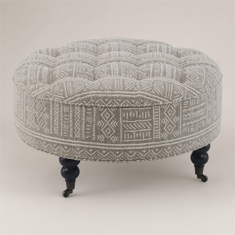 Bowery Hill Button Tufted Ottoman with Casters in Gray Pattern Upholstery