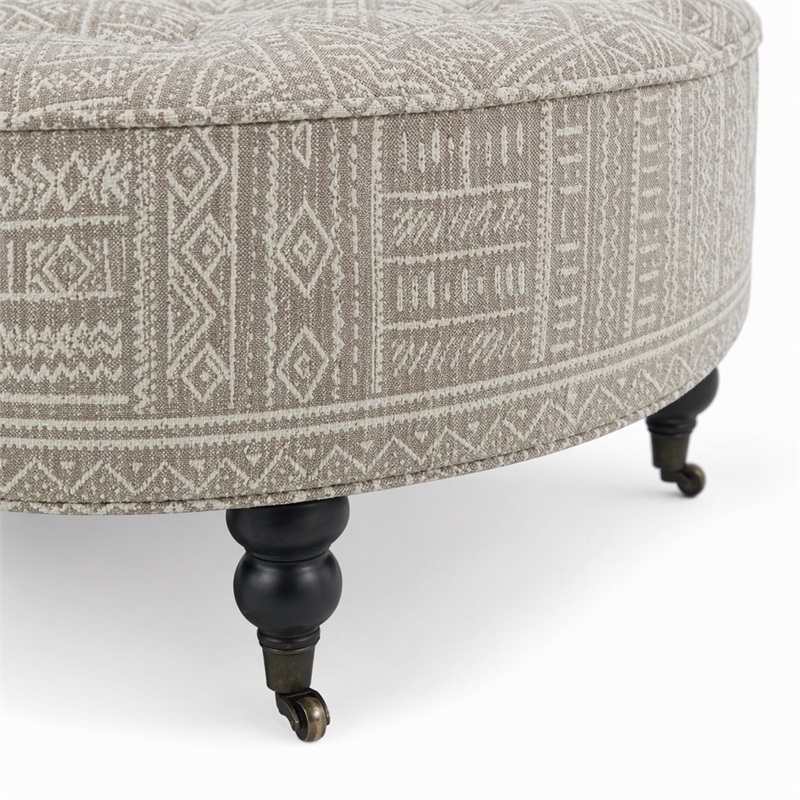 Bowery Hill Button Tufted Ottoman with Casters in Gray Pattern Upholstery