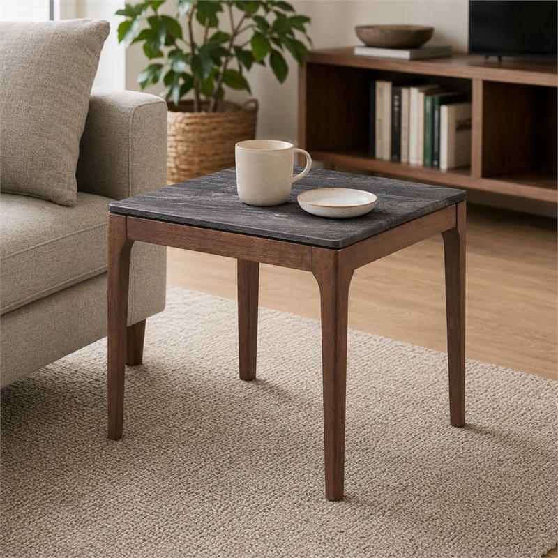 Bowery Hill Scandinavian End Table with Engineered Stone Top and Walnut Frame