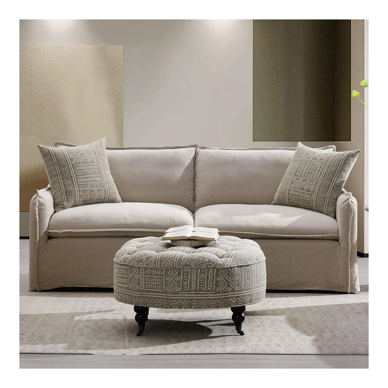 Bowery Hill Linen Fabric Sofa with 2 Accent Pillows Full Foam Beige Upholstery