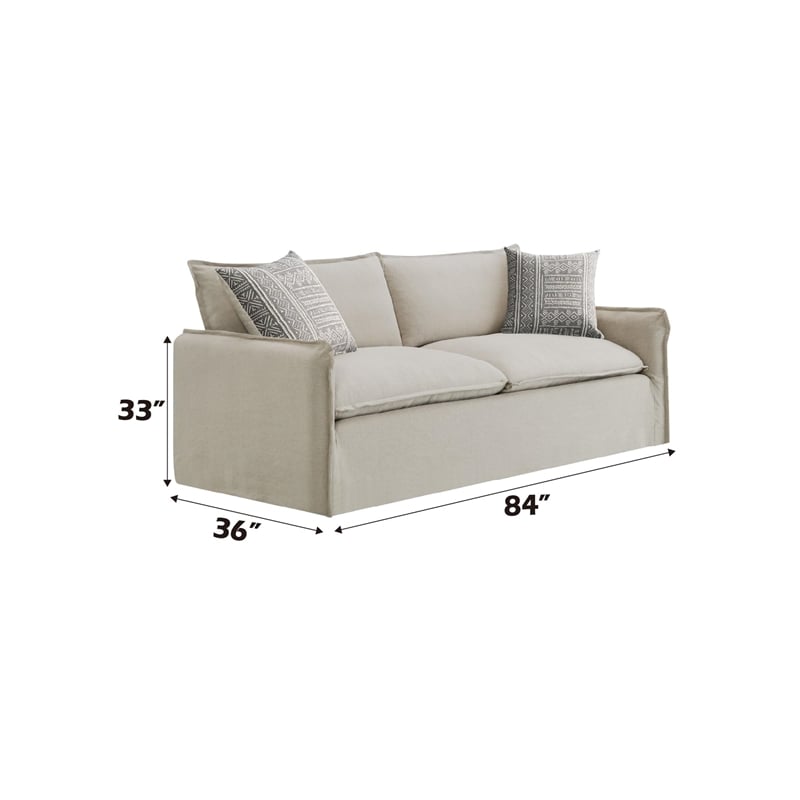 Bowery Hill Linen Fabric Sofa with 2 Accent Pillows Full Foam Beige Upholstery