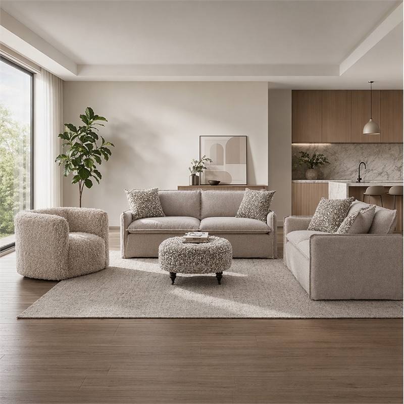 Bowery Hill Linen Fabric Loveseat with Accent Pillows Beige Upholstery