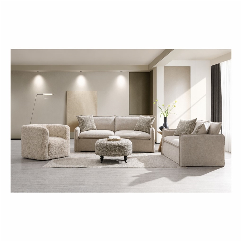 Bowery Hill Linen Fabric Loveseat with Accent Pillows Beige Upholstery