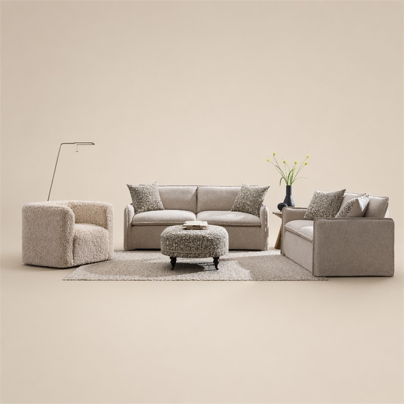Bowery Hill Linen Fabric Loveseat with Accent Pillows Beige Upholstery