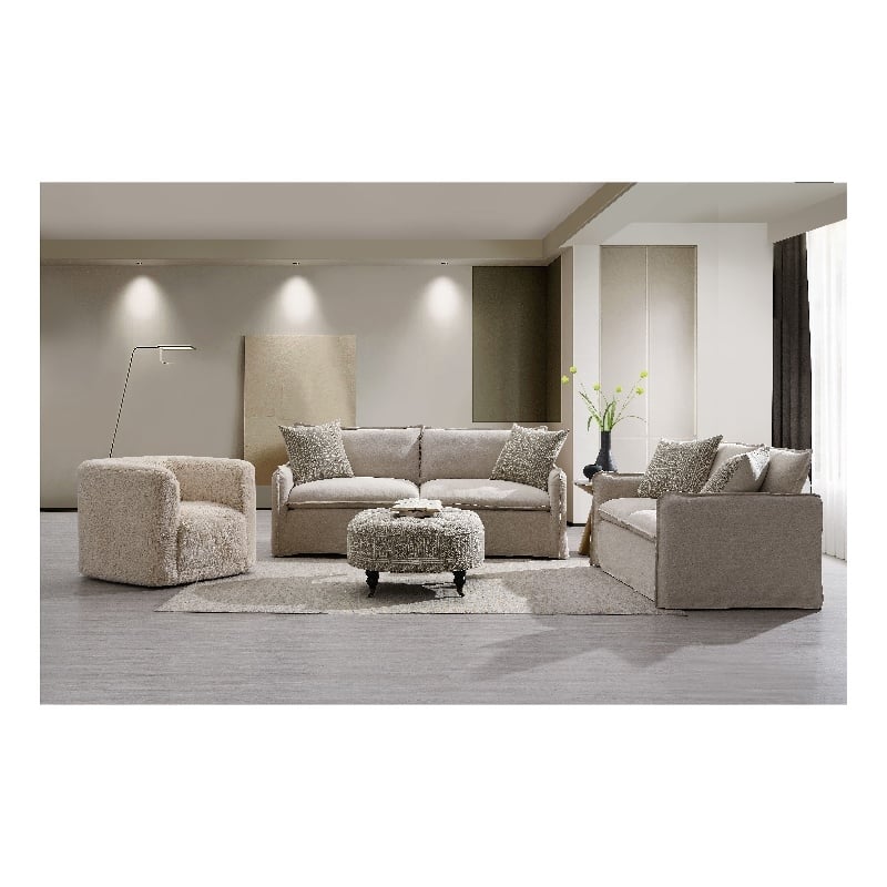 Bowery Hill Linen Fabric Loveseat with Accent Pillows Beige Upholstery