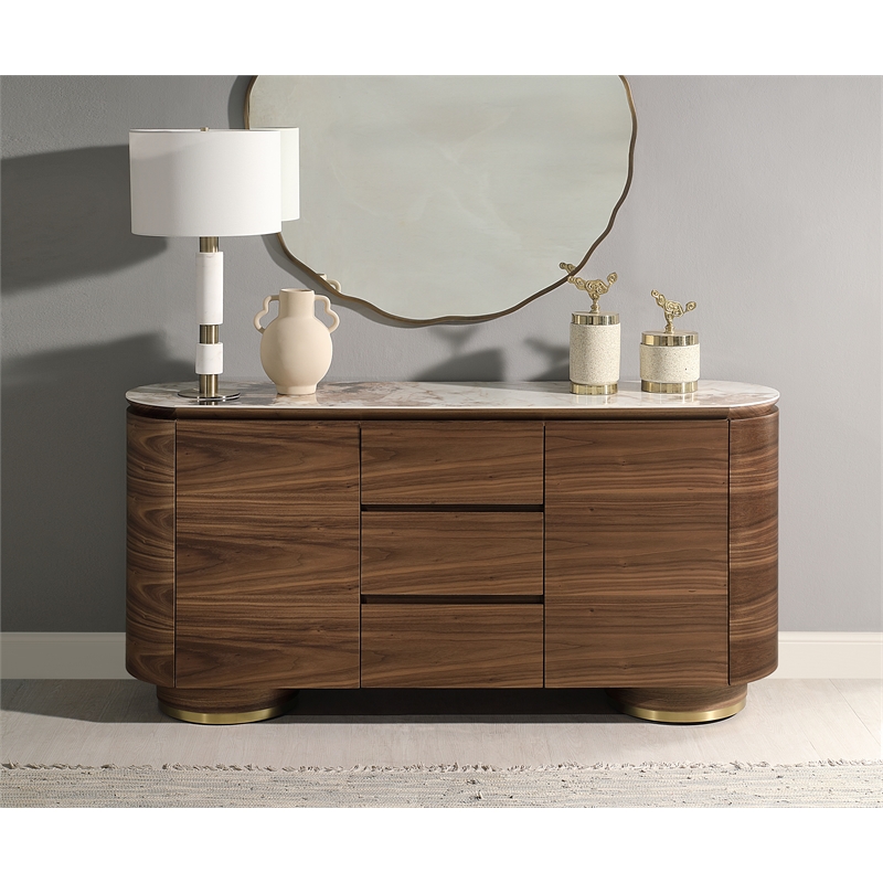 Bowery Hill Walnut Ceramic Top Server with 3 Drawers and 2 Doors