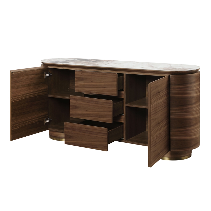 Bowery Hill Walnut Ceramic Top Server with 3 Drawers and 2 Doors