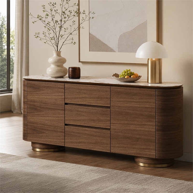 Bowery Hill Walnut Ceramic Top Server with 3 Drawers and 2 Doors