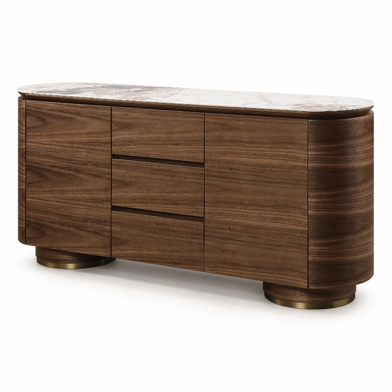 Bowery Hill Walnut Ceramic Top Server with 3 Drawers and 2 Doors