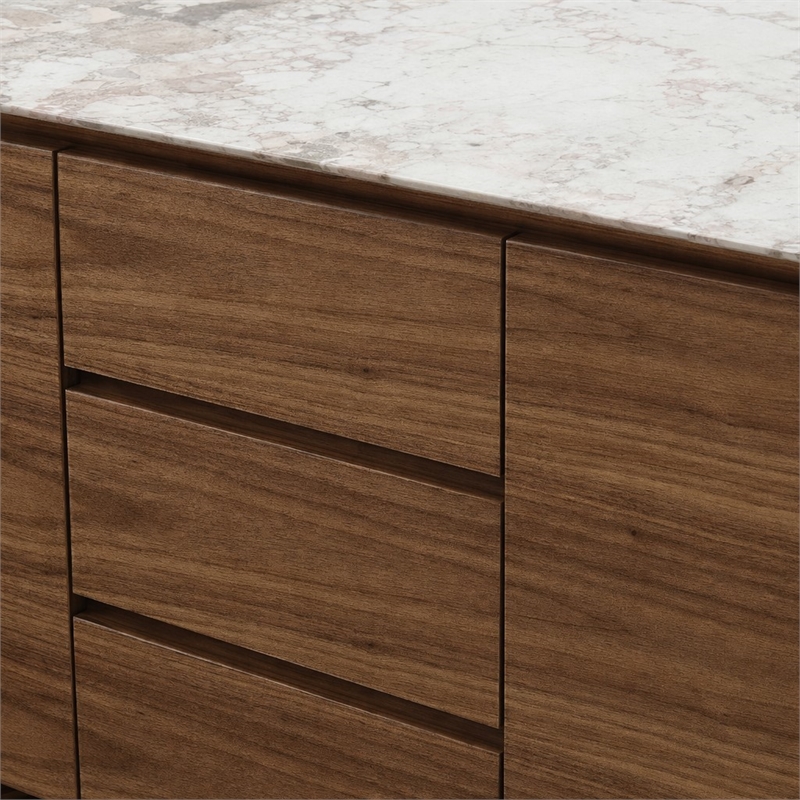 Bowery Hill Walnut Ceramic Top Server with 3 Drawers and 2 Doors