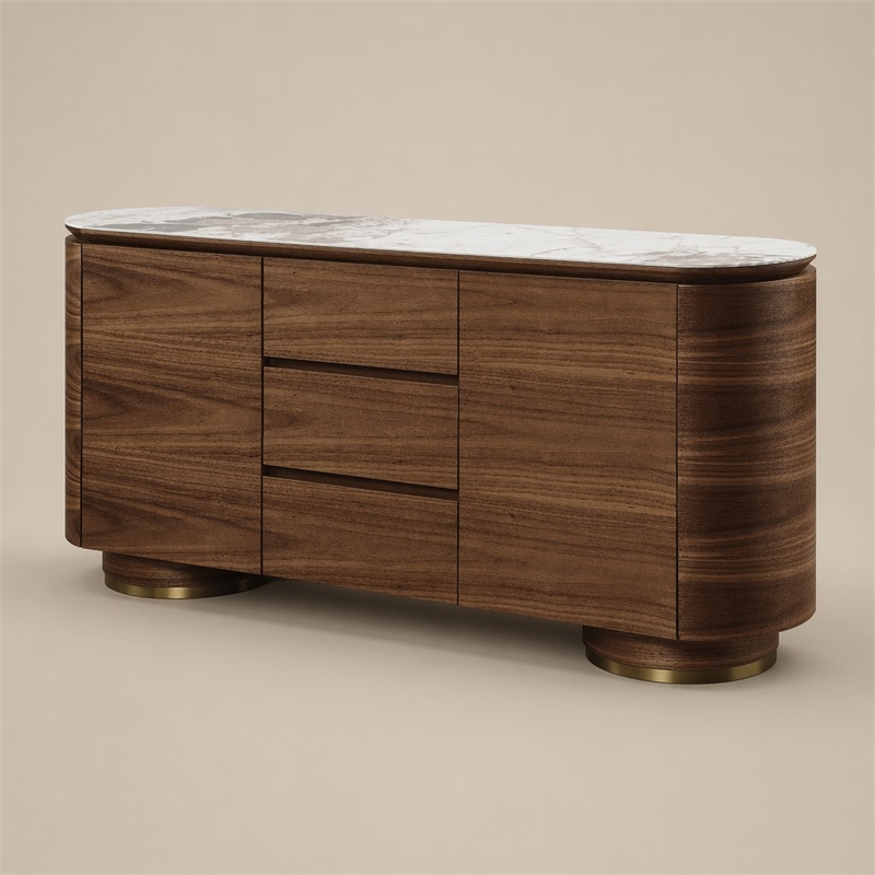 Bowery Hill Walnut Ceramic Top Server with 3 Drawers and 2 Doors