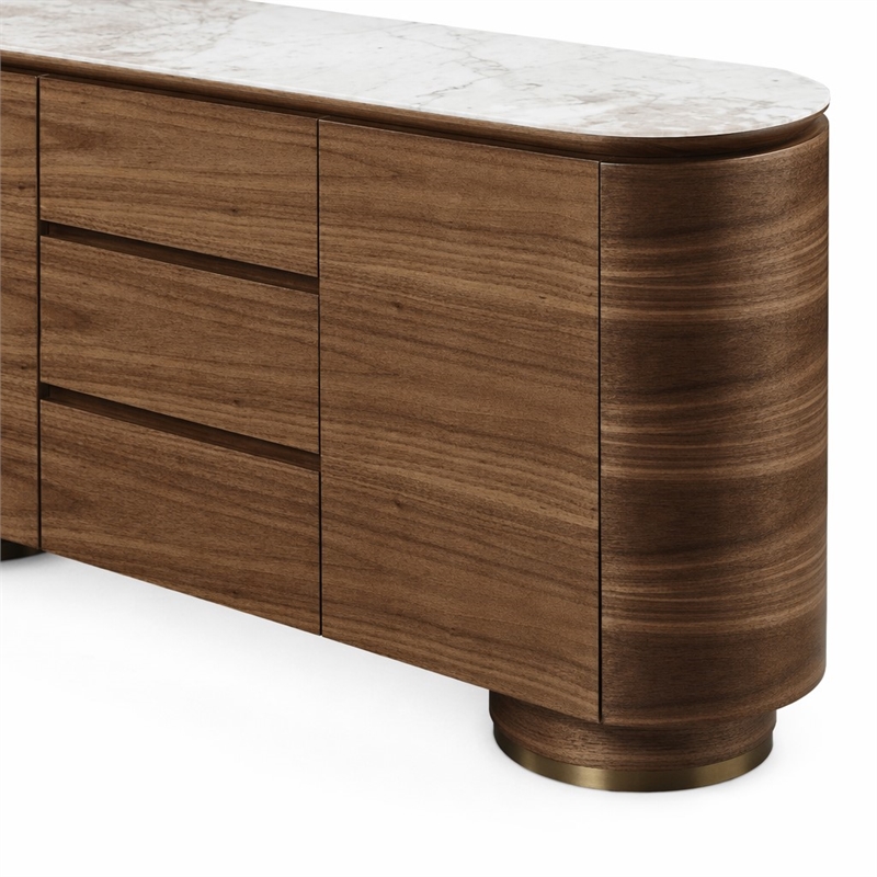 Bowery Hill Walnut Ceramic Top Server with 3 Drawers and 2 Doors
