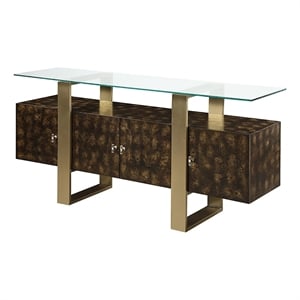 Bowery Hill Transitional Console Table with Glass Top in Brass and Antique Brown
