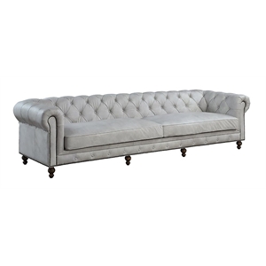 Bowery Hill Leather Upholstered Sofa in Vintage White with Tufted Design