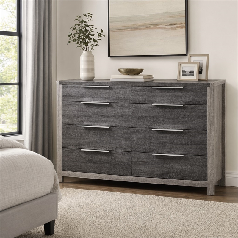 Bowery Hill 8-Drawer Rectangular Wood Dresser in Grey Finish