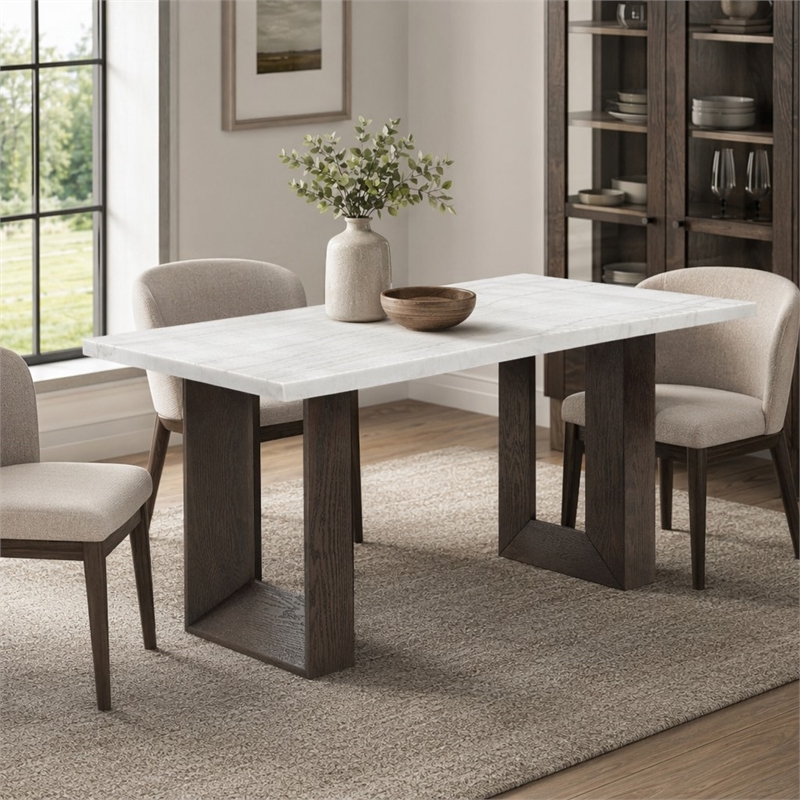 Bowery Hill Rectangular Wood and Marble Dining Table in White/Brown