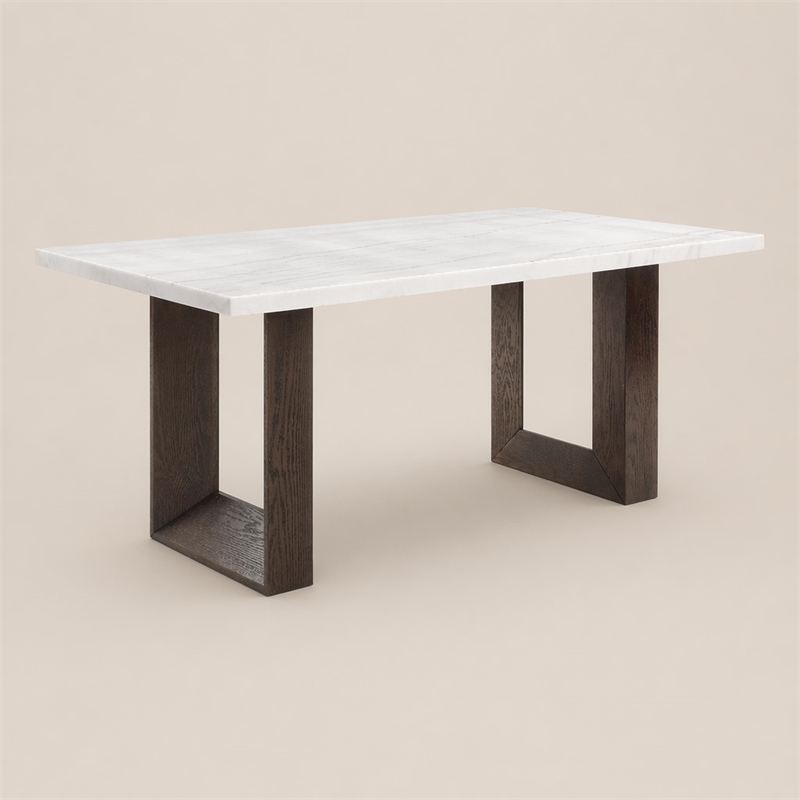Bowery Hill Rectangular Wood and Marble Dining Table in White/Brown
