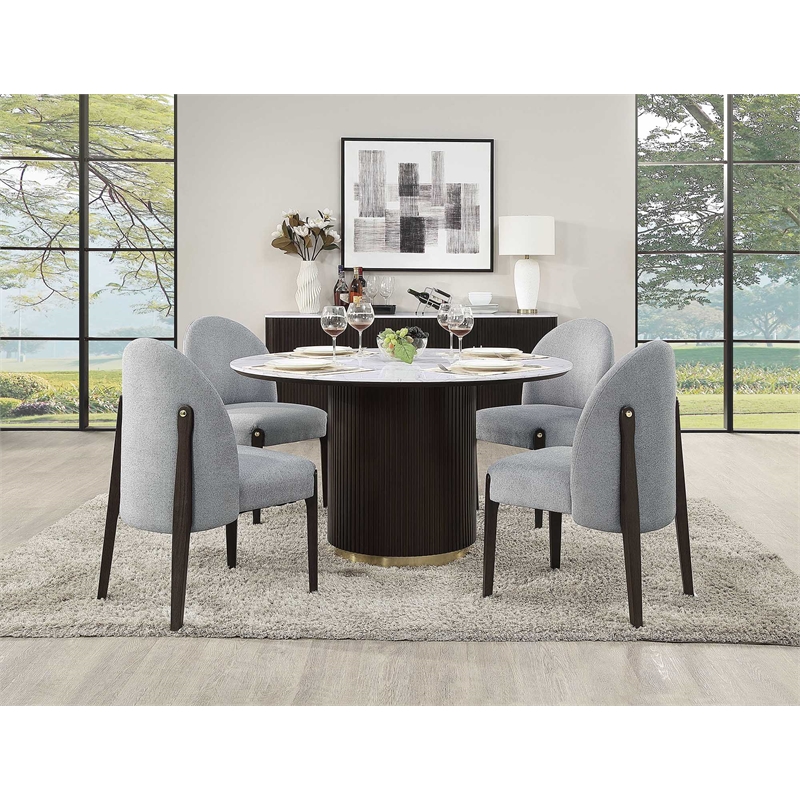 Bowery Hill Clayten Round Dining Table in Faux Marble with Espresso Base