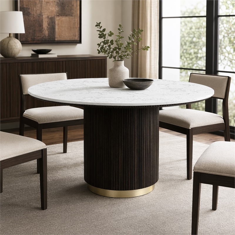 Bowery Hill Clayten Round Dining Table in Faux Marble with Espresso Base