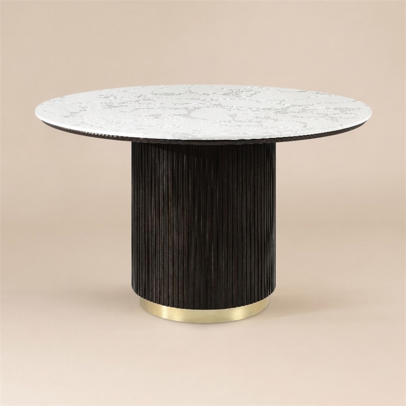 Bowery Hill Clayten Round Dining Table in Faux Marble with Espresso Base