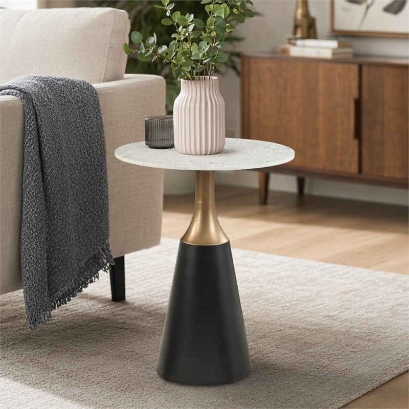 Bowery Hill Counter Height Table with Marble Top and Metal Base in White & Black