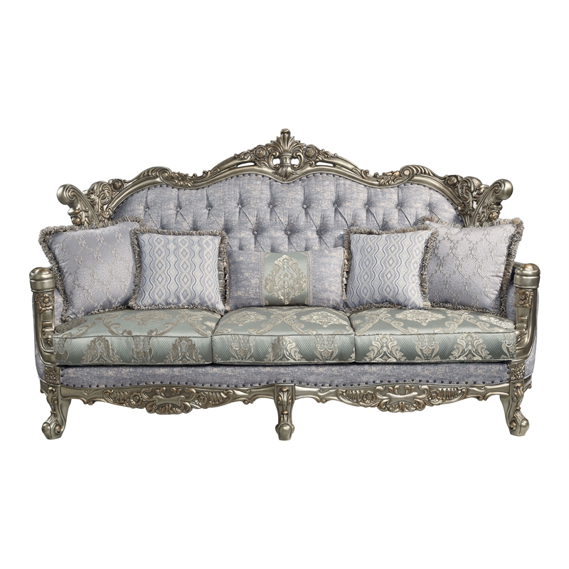 Bowery Hill Miliani Tufted Fabric Sofa with 5 Pillows in Gray/Bronze