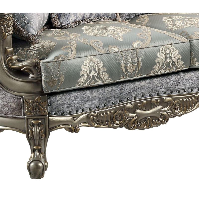 Bowery Hill Miliani Tufted Fabric Sofa with 5 Pillows in Gray/Bronze
