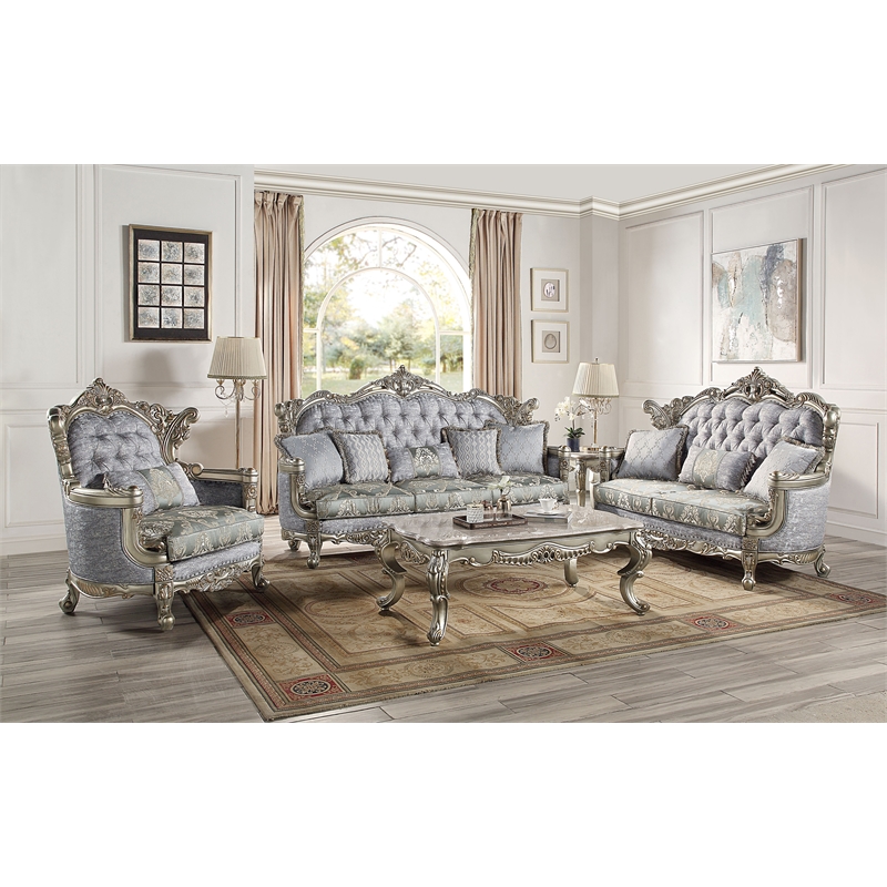 Bowery Hill Miliani Tufted Fabric Sofa with 5 Pillows in Gray/Bronze
