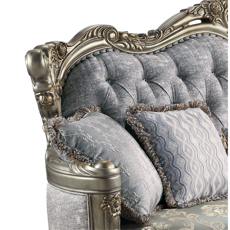Bowery Hill Miliani Tufted Fabric Sofa with 5 Pillows in Gray/Bronze