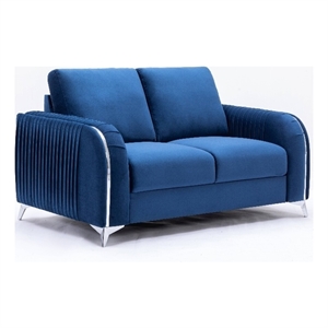 Bowery Hill Wenona Velvet Upholstered Loveseat in Blue with Chrome Accents