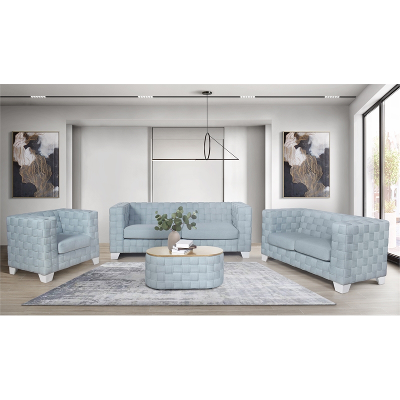 Bowery Hill Chenille Upholstered Box-Framed Sofa in Light Teal and White