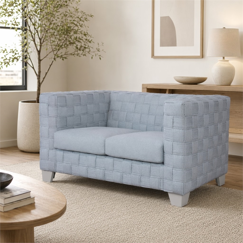Bowery Hill Chenille Loveseat with Boxy Frame in Light Teal and White