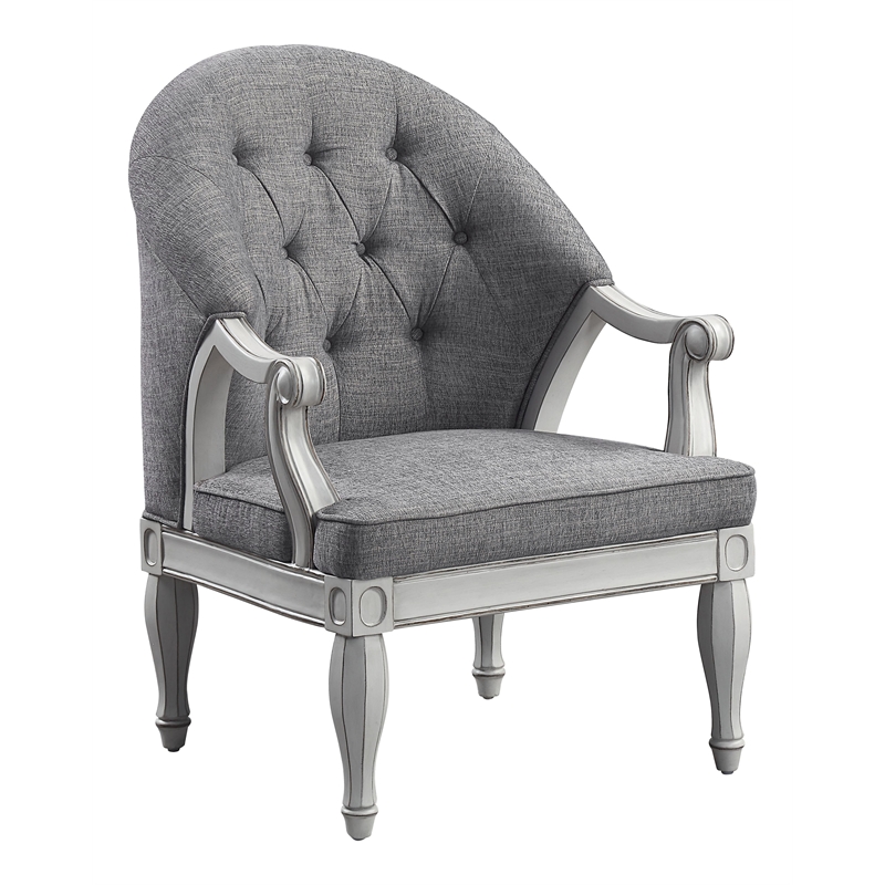 Bowery Hill Button Tufted Fabric Chair in Gray with Antique White Finish