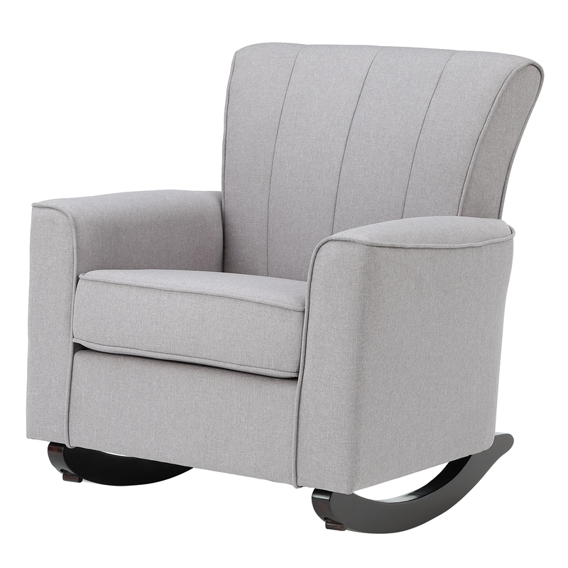 Bowery Hill Gray Linen Upholstered Rocking Chair with Wooden Legs