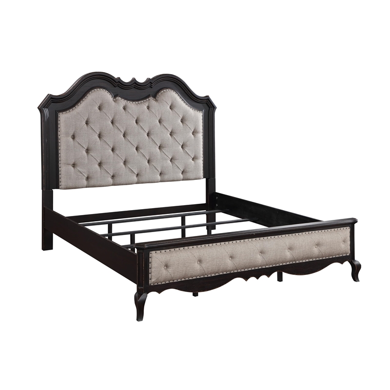 Bowery Hill Chelmsford Eastern King Fabric & Wood Bed in Beige/Black