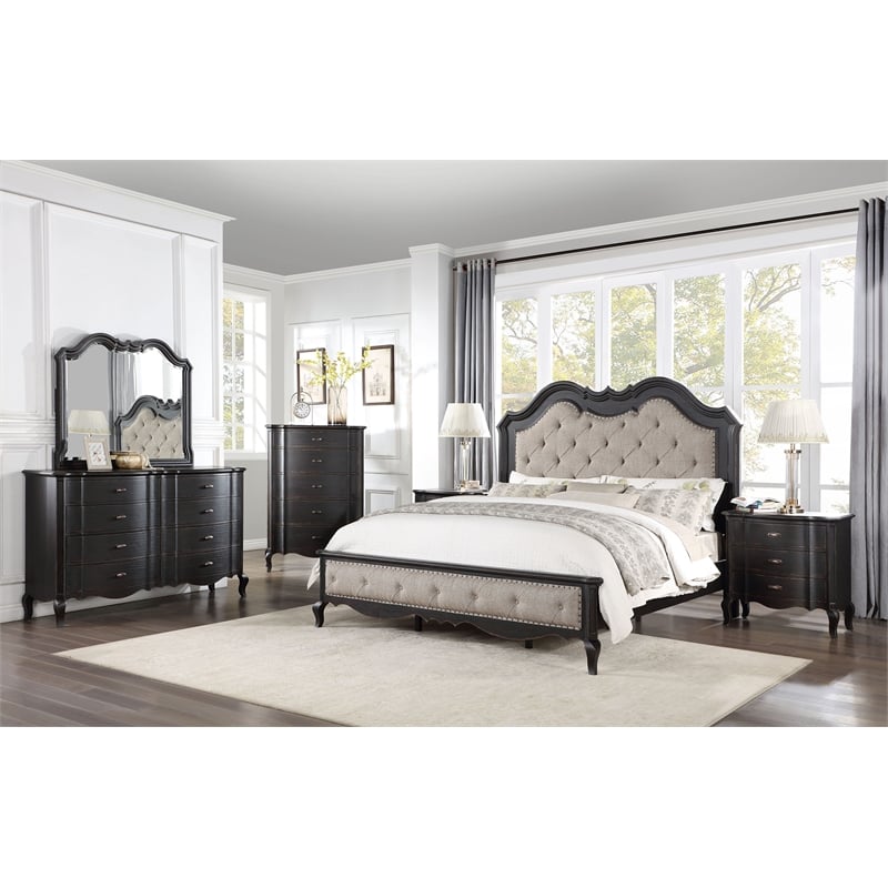 Bowery Hill Chelmsford Queen Fabric & Wood Bed in Beige/Black
