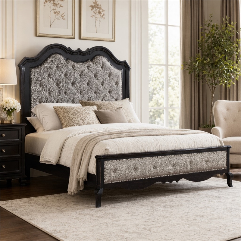 Bowery Hill Chelmsford Queen Fabric & Wood Bed in Beige/Black