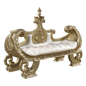 Bowery Hill Wooden Tufted Upholstered Bench in White and Gold