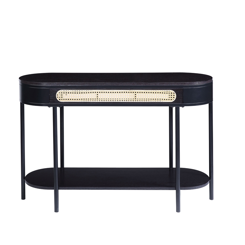 Bowery Hill Colson Oval Wood Top Sofa Table with Rattan Insert in Black