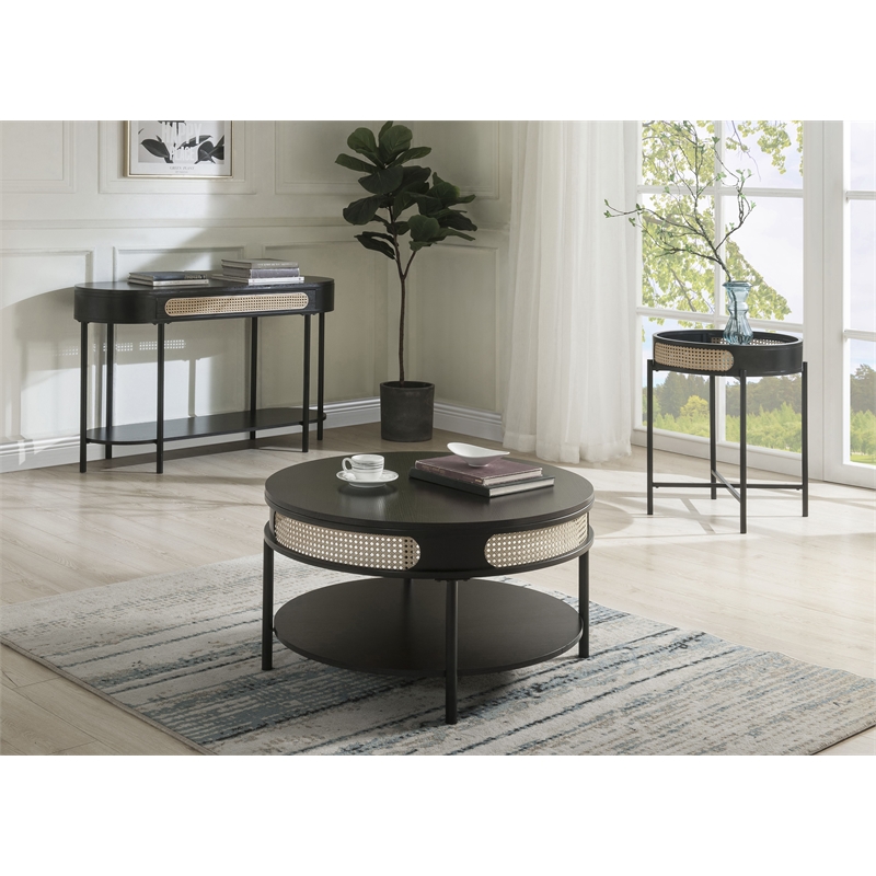 Bowery Hill Colson Oval Wood Top Sofa Table with Rattan Insert in Black
